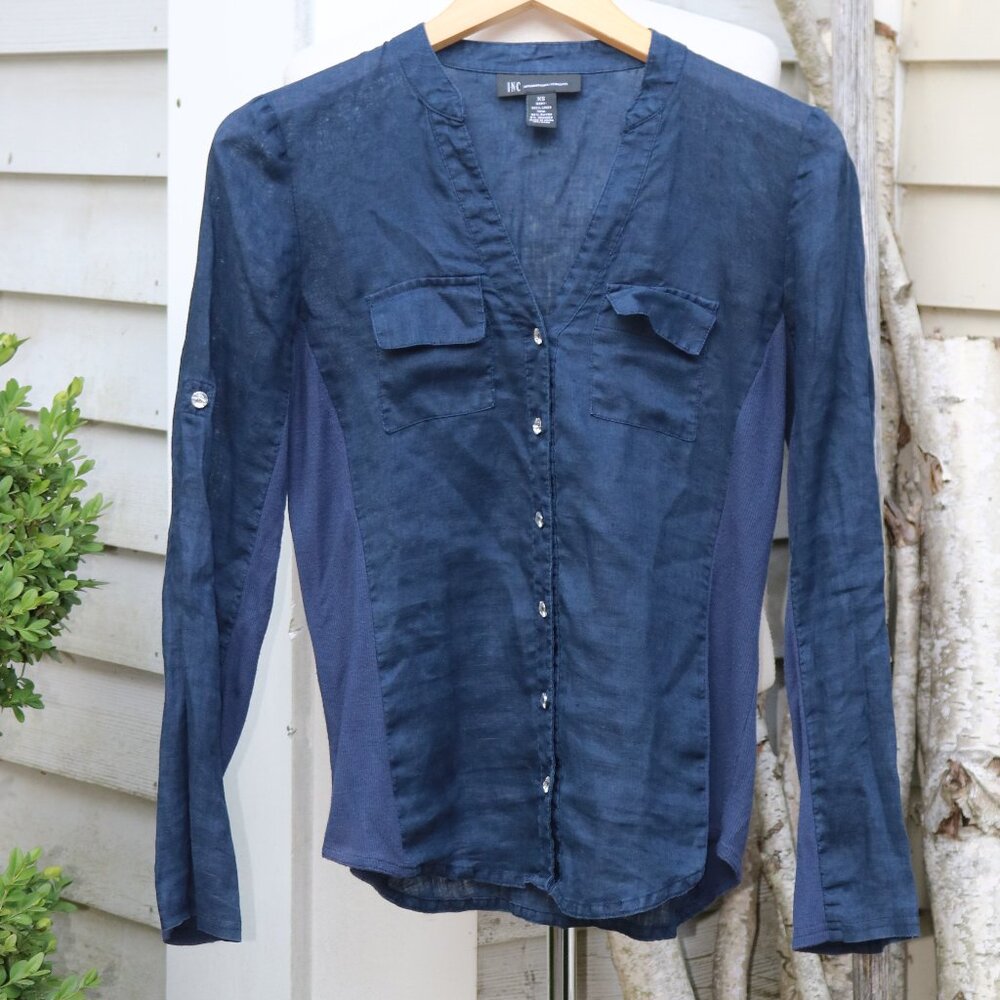 INC Navy Blue Linen w Stretch Sides Crystal Button Roll Tab Sleeve Shirt Sz XS